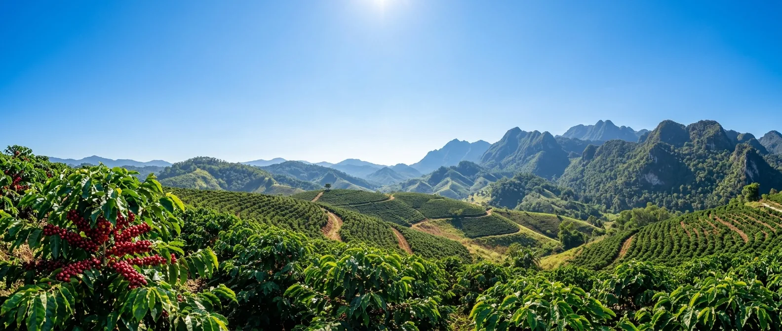 A coffee plantation in the hills — rows of coffee shrubs with ripe red cherries and mountain ridges beyond