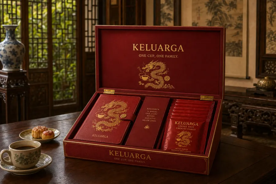 KELUARGA 2023 — red and gold archive edition in a family dining room