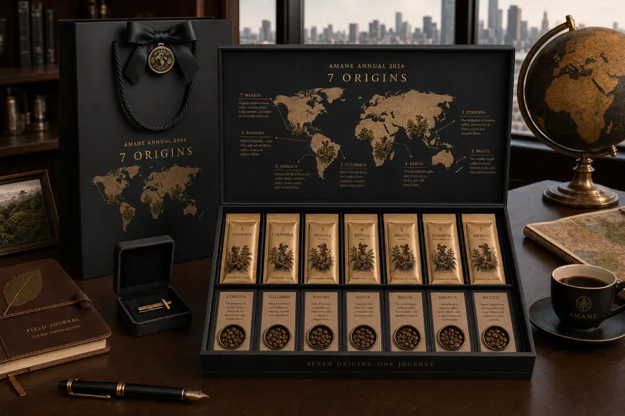 7 ORIGINS 2024 — collector coffee set with a world map and seven origins