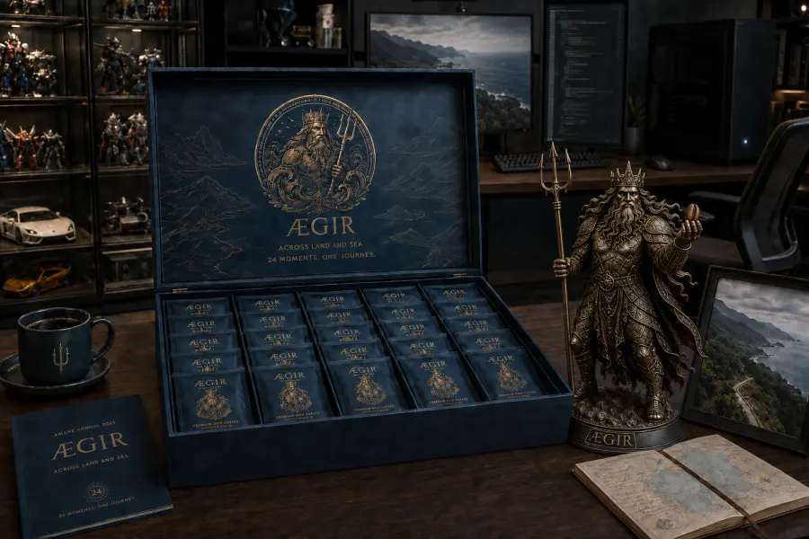 AEGIR 2025 — navy archive edition beside sea-inspired keepsakes
