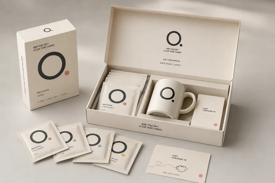 Are You Ok? Care Box — an open gift box with drip coffee sachets, a mug and a message card